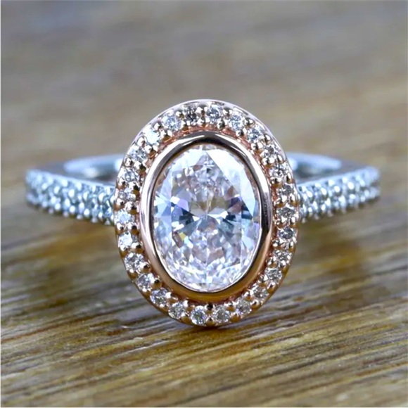 NEW Two-Tone 14k RoseGold/Sterling Silver Sim. Diamonds Ring - Picture 3 of 5
